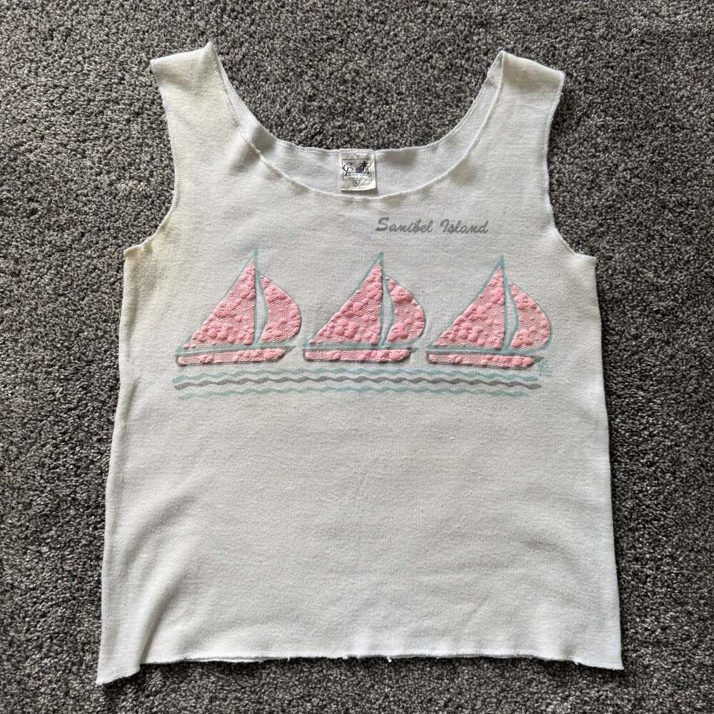 Vintage Sanibel Island Sailboat Tank Top USA Pink Puff Print Coastal Large